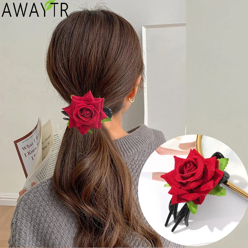 AWAYTR Flower Red Rose Claw Clip Girl Women Cute Popular Hair Catches Hairpin Korean Style Hair Accessories Wedding New Ponytai