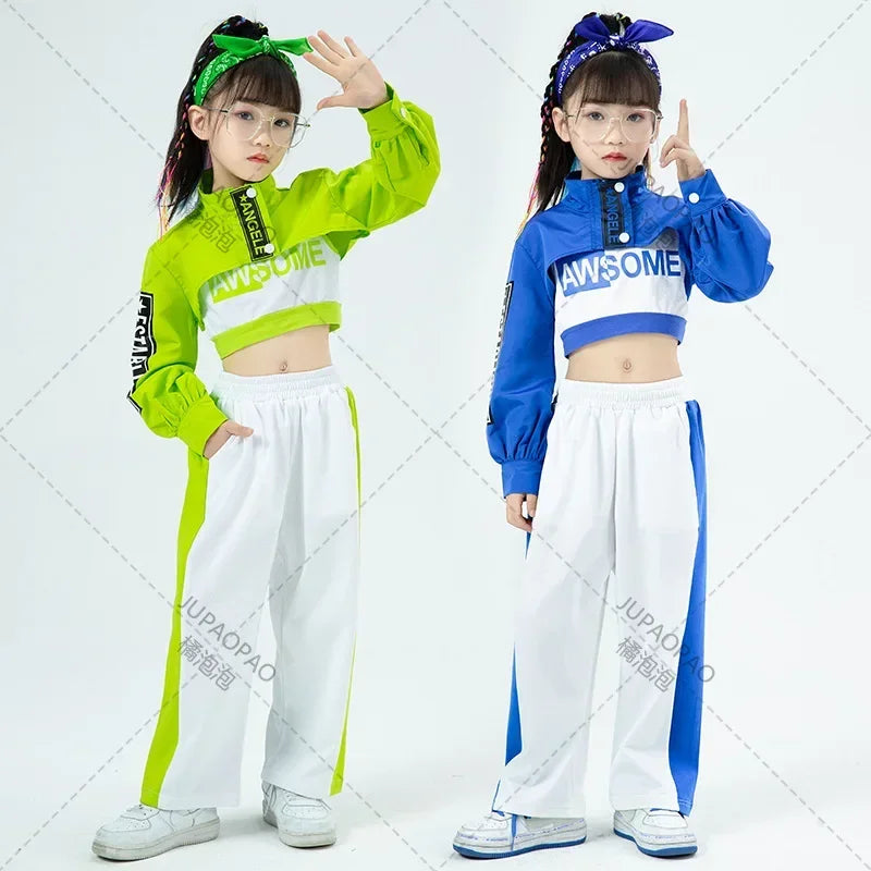 Girls Hip Hop Crop Jacket Solid Cargo Pants Clothes Set Kids Jazz T-shirt Street Dance Contrast Joggers Child Streetwear Outfits