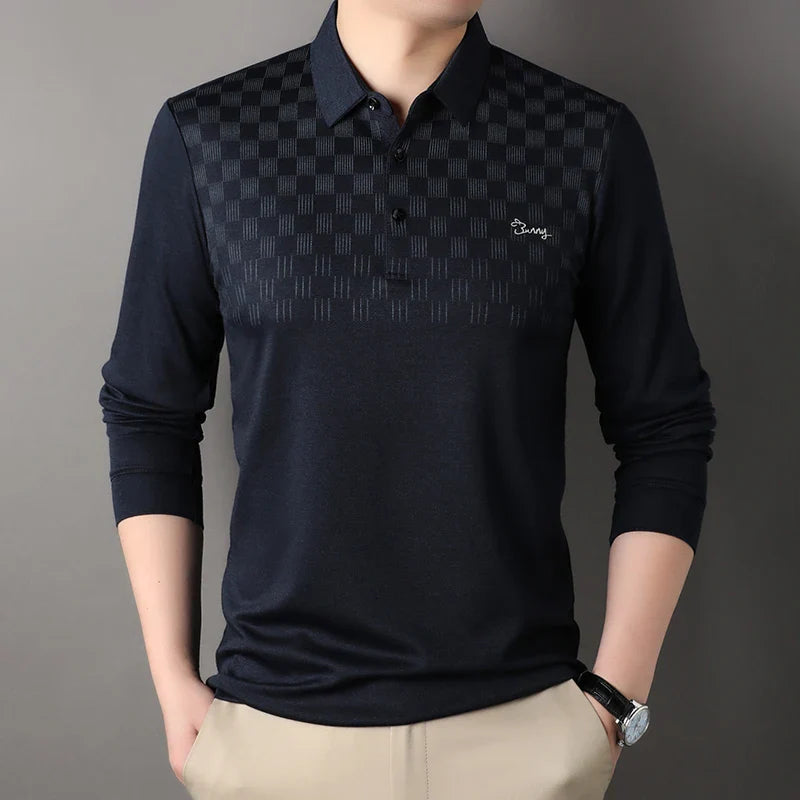 New Fashion Men's Striped Polo Shirts Male Button Collar T Shirt Casual Long Sleeve Tops