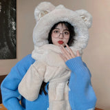 Winter New Style Thickened Warm Plush Scarf All-in-one Hooded Scarf Three-in-one Cute Bear Ears Hat Female Hooded Bib Ski Mask