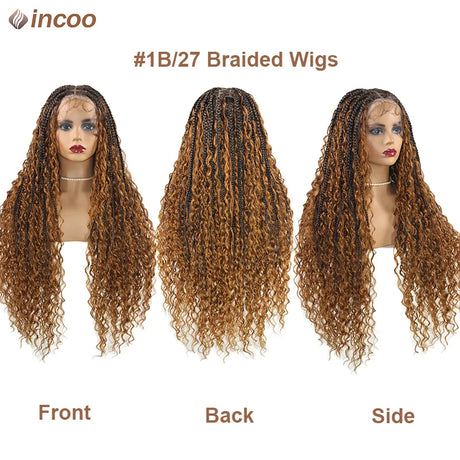 Boho Box Braid Wigs 613 Blonde 32 Inch Synthetic Full Lace Front Braided Wigs Knotless Cornrow Braids Curly Lace Wigs For Women