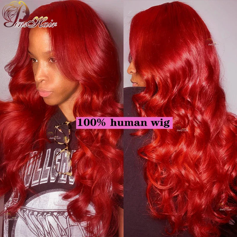 Red Lace Front Wig Human Hair Body Wave 13x6 Transparent Lace Frontal Wig Red Burgundy Remy Human Hair Pre Plucked 34 inches