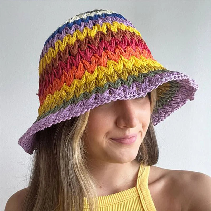 New Colorful Striped Knitted Hat for Women Spring Summer Sunscreen Bucket Hats Girls Sweet Casual Cap Beach Vacation Straw Hat