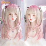 MEIFAN Synthetic Long Straight Lolita Wig with Bangs Wig Girl Cute Mixed Black Red Blonde Cosplay Party Halloween Harajuku Wig