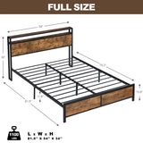 Queen/Full Size Industrial Bed Frame Noise Free with LED Lights&2 USB Ports&Storage No Box Spring Needed Rustic Brown[US-W]