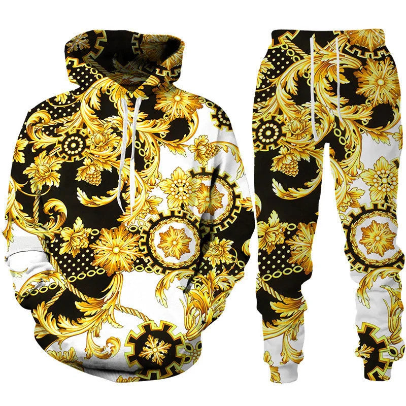 Spring Autumn  Golden Floral 3D Printed Hoodie/Tracksuit Casual Sweatshirt and Trousers Set Fashion Men Women Sports Suit