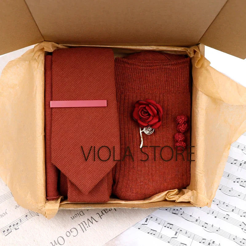 Viola Design 5PCS Gift Box Solid Cotton Sock Tie Sets Clip Pin Cufflinks Hanky Colorful Men Wedding Party Daily Cravat Accessory