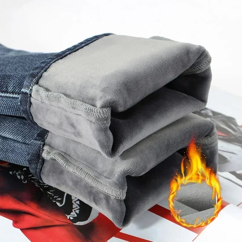 2023 Winter New Men's Warm Baggy Fleece Jeans Long Pants Business Fashion Thicken Trousers Stretch Brand Denim Recreation