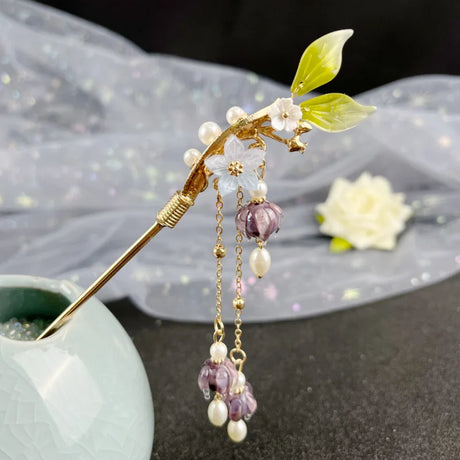 Vintage Tassel Hair Stick Chopsticks For Women Chinese Hanfu Hair Accessories Fringe Pearl Floral Hairpin Forks Metal Jewelry