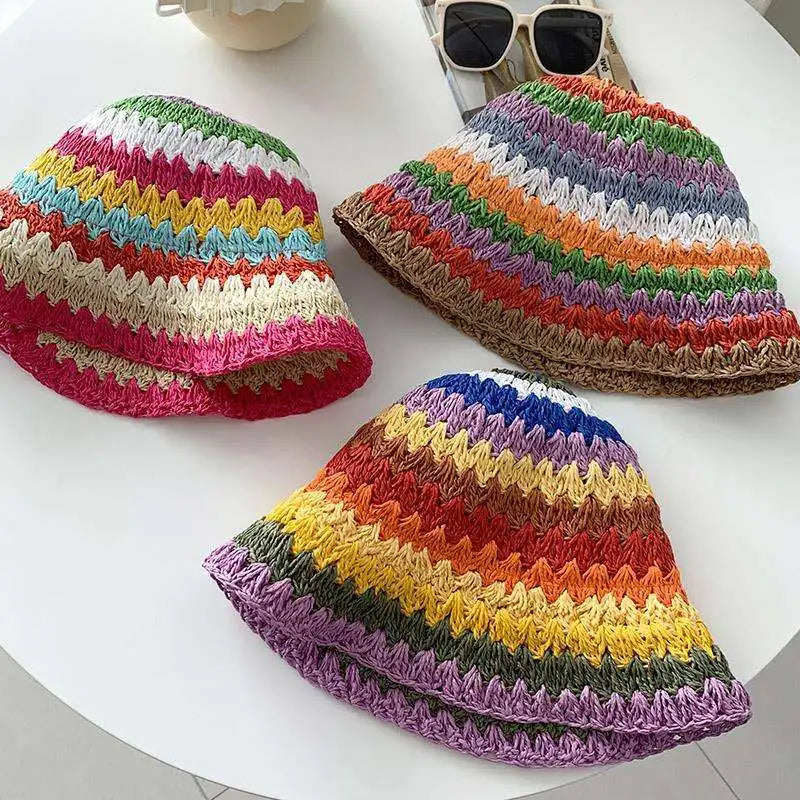 Spring Summer New Rainbow Woven Straw Hat Bucket Hat Sunblock Shade Wide Brim Hat Breathable Fisherman Hats Beach Straw Cap