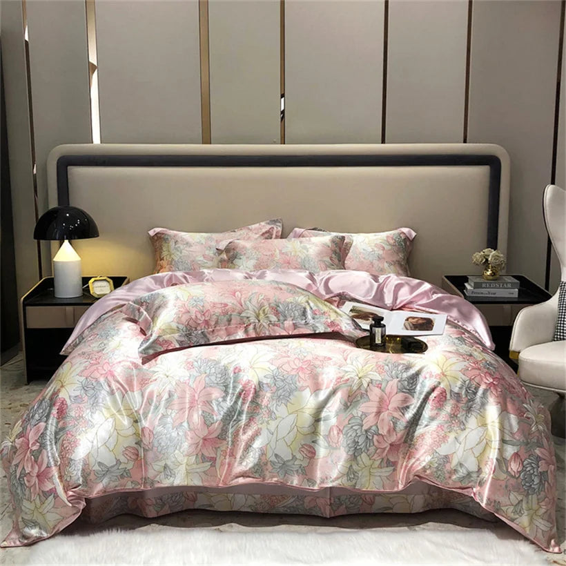 Mulberry Silk 4 Pieces Comforter Bedding Set, 1PC Duvet Cover, 1PC Bed Sheet, 2PCS Pillowcases, Luxury Home Textiles Bedclothes