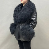 Lady Natural Mongolian Fur Leather Jacket Real Sheepskin Leather Detachable Collar Cuff Coat FG5435