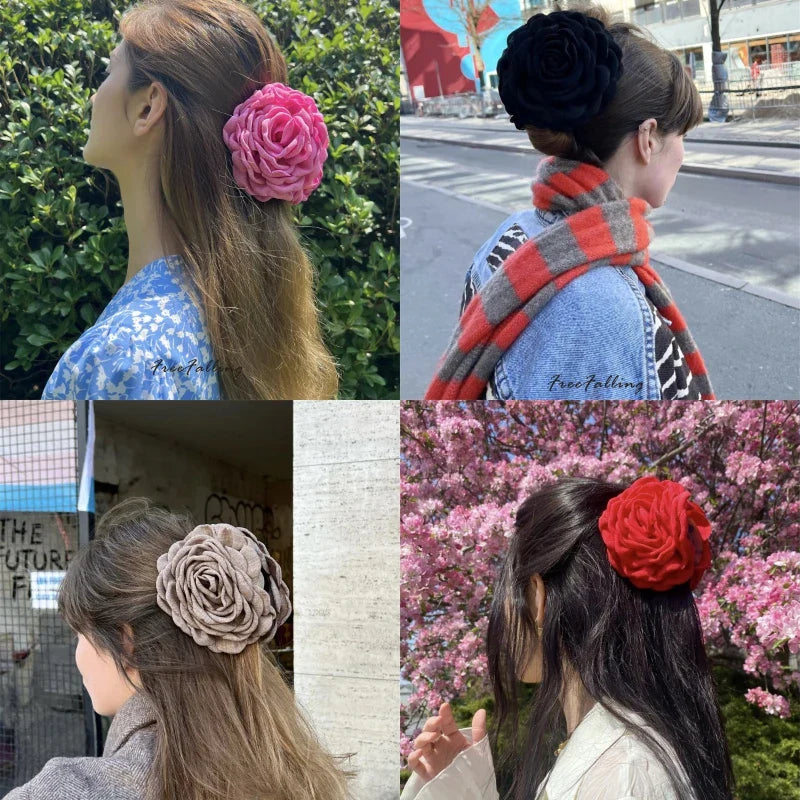 Fabric Rose Flower Crab Hair Clip Ins Popular Hair Catches for Women Pink Black Plastic Hair Clamps Girls' Spring Accessories