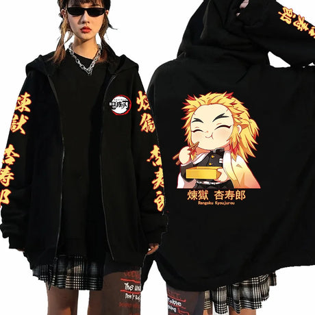 Men Women Anime Zip Hoodie Demon Slayer Graphic Print Plus Size Sweatshirt Harajuku Unisex Winter Warm Streetwear Zip Up Jacket