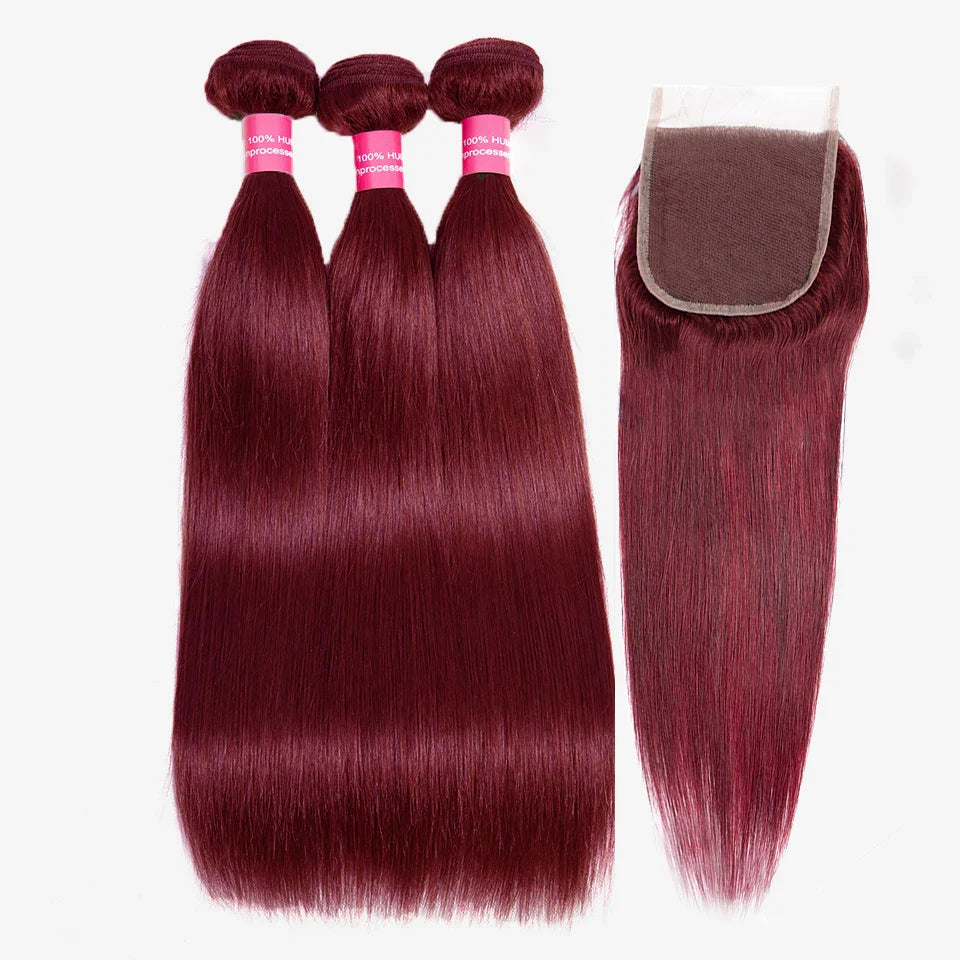 99J Straight Bundles With Closure Reddish Brown Straight Human Hair Bundles With 4x4 Closure Burgundy bundles with closure