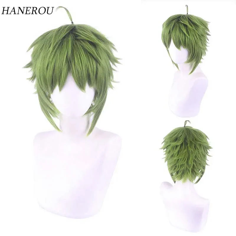 Men Synthetic Green Short Wavy Wig Cosplay Anime Costume Boy Fake Hair Cosplay Wig for Halloween Christmas Party+Hair Cap