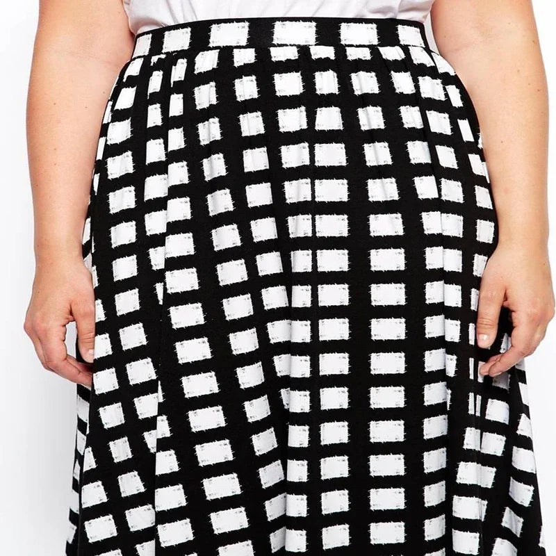 Plus Size Black And White Plaid A-line Skirt High Elastic Waist Checker Printed Spring Autumn Casual Swing Midi Skirt 6XL 7XL 8X