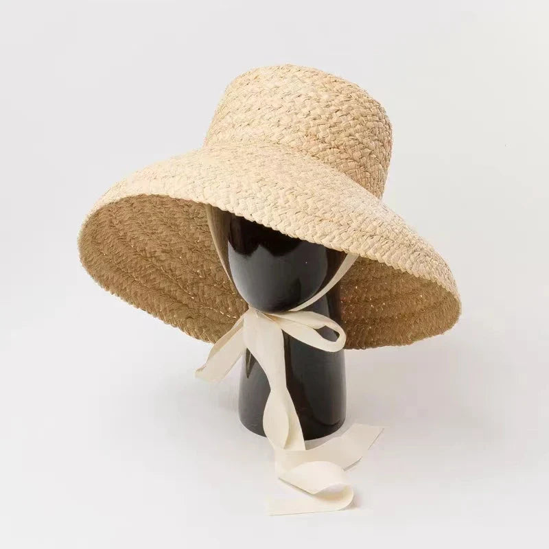 Fashion Women Wide Brim Raffia Hat Women Vacation Beach Hats Flat Top Straw Hat Summer Sun Hat Ladies UV Bucket Hat Wholesale