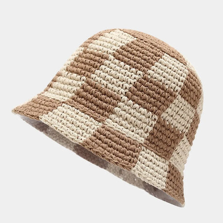 Korean Hand knit Crochet Bucket Hats Spring Summer Soft Straw Sun Hat Women Bucket Hats Plaid Designer Bob Fisherman Cap