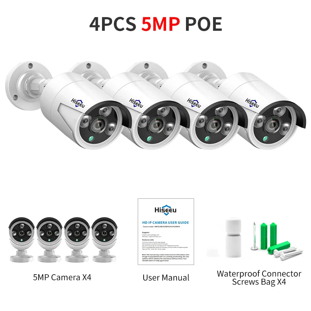 Hiseeu 5MP 4MP Audio IP Security Surveillance Camera POE H.265 Outdoor Waterproof IP66 CCTV Camera P2P Video Home for POE NVR