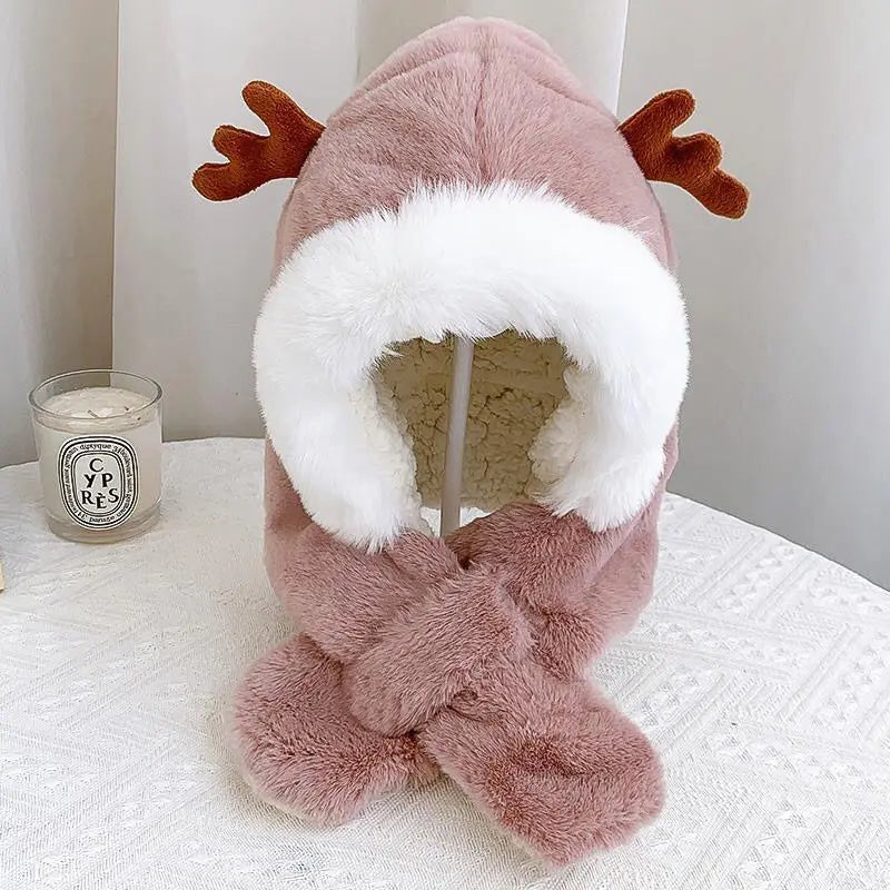 Fur Winter Baby Hat Scarf One-Piece Soft Kids Cap for Girls Boys Cartoon Warmer Neck Ears Baby Bonnet Infant Accessorie