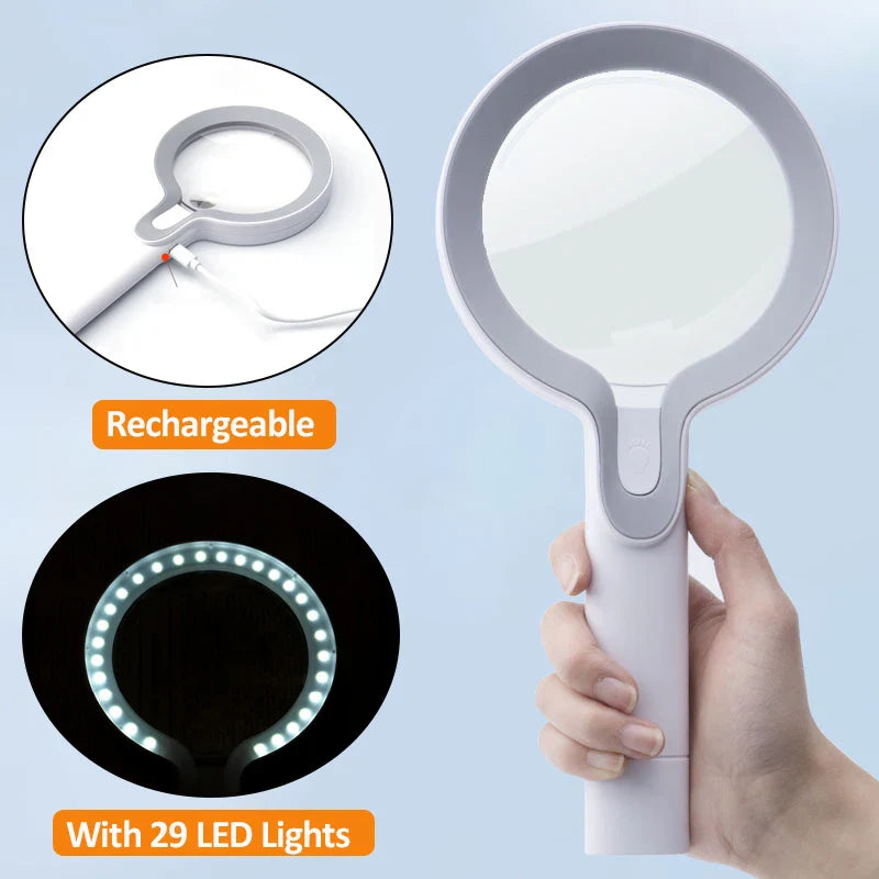 10X 25X Handheld Magnifying Glass USB Rechargeable Magnifier with 29 LED Lights Illuminated Magnifier for Reading/Identification