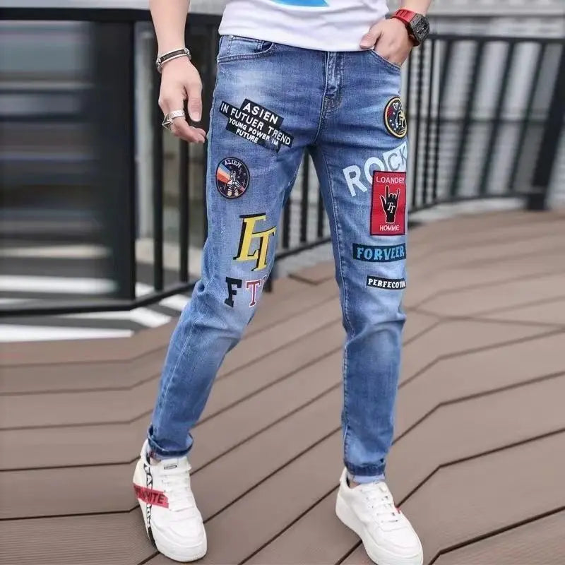 New Jeans Slim Streetwear 90s Hip Hop Skinny Graphic Designer Clothes Original Cowboy Casual Stretch Embroidery Trousers for Men