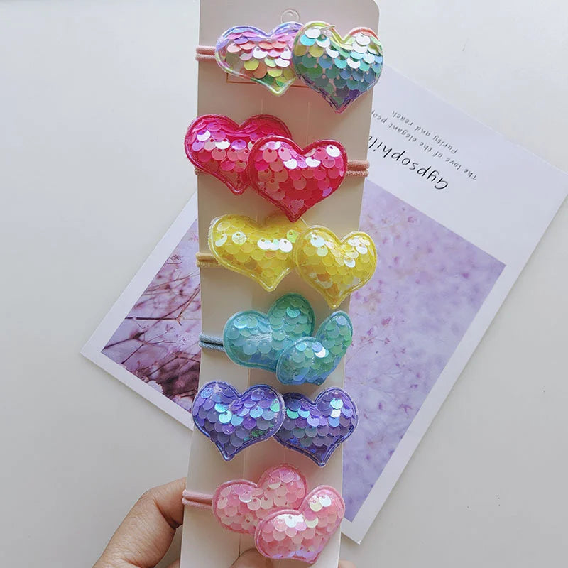 12PCS New Colorful Sequin Heart Star Crown Girls Cute Kids Elastic Hair Bands Hair Accessories Children Hair Ties Baby Headwear