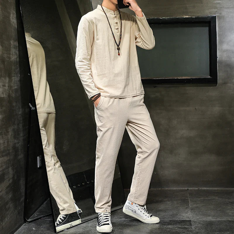 New Arrival Men's Cotton and Linen Long Sleeve T-shirt+Pant Set Solid Shirt+Trousers Home Suits Male 4 Colors Size M-5XL 8006
