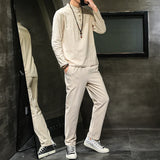 New Arrival Men's Cotton and Linen Long Sleeve T-shirt+Pant Set Solid Shirt+Trousers Home Suits Male 4 Colors Size M-5XL 8006