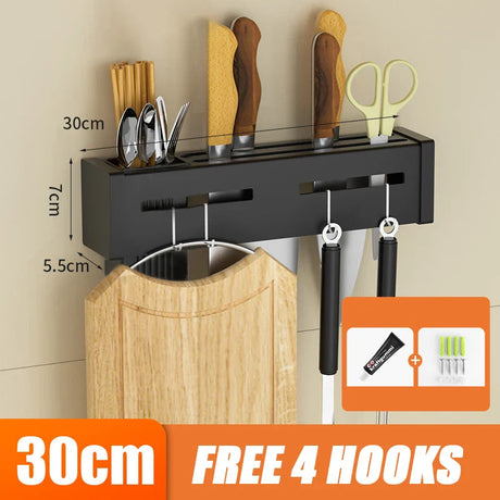 Stainless Steel Kitchen Storage Rack Wall-mounted Multifunctional Storage Knife Rack with Multiple Brackets and Hooks