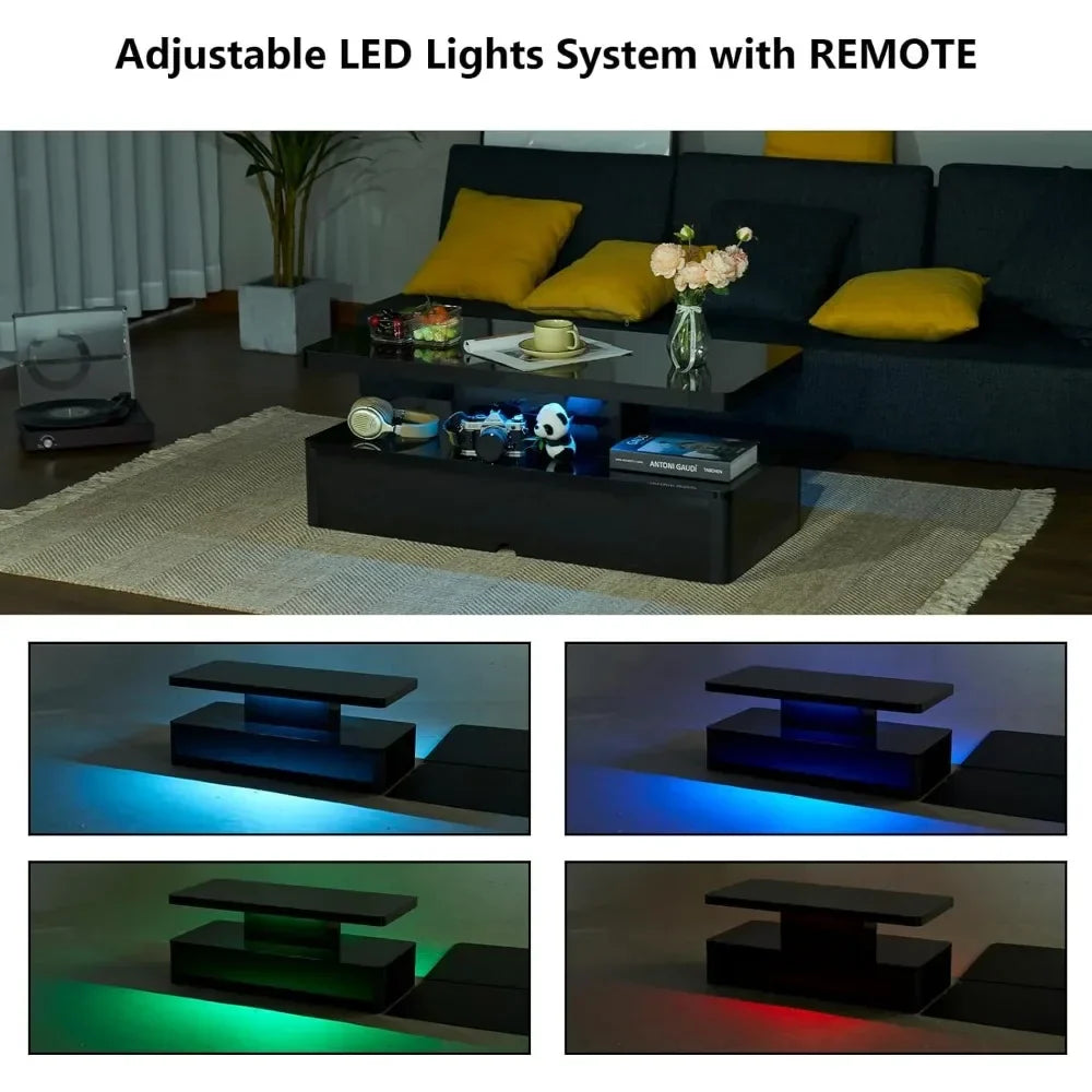 Double-Layer Design for Living Room Green Coffee Table Modern Stylish Coffee Table With 16 Colors LED Lights Black Furniture