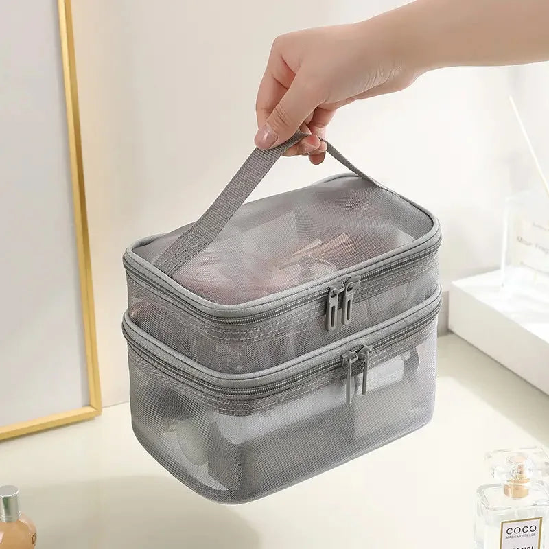 Large capacity mesh cloth makeup bag travel essentials cosmetics Organizer Women toiletry bag Double layer design cosmetic bag