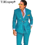 Designer Green Suits for Men 2 Piece Blazer Sets Double Breasted Belt Wedding Party Travel Suit trajes de hombre Jacket+Pants