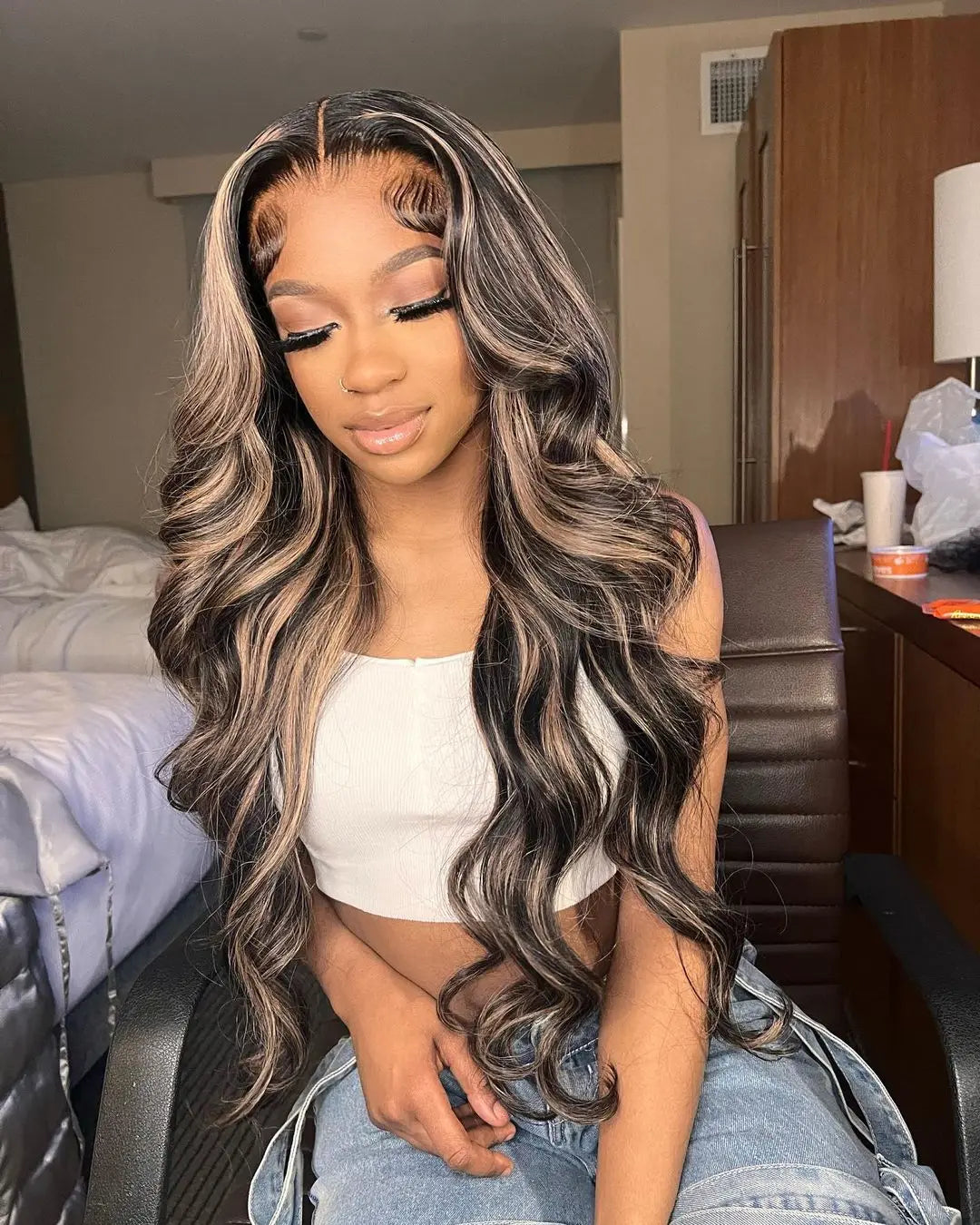 13X4 Highlight Human Hair Wigs Peruvian Virgin Body Wave Lace Front Wig Honey Blonde Brown with Black 13x6 Wavy Lace Frontal Wig