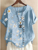 Plus Size Daisy-Print Cotton Linen Shirt Casual Summer Women O-Neck Short Sleeve Pullover Top Fashion Street Flower Blouse