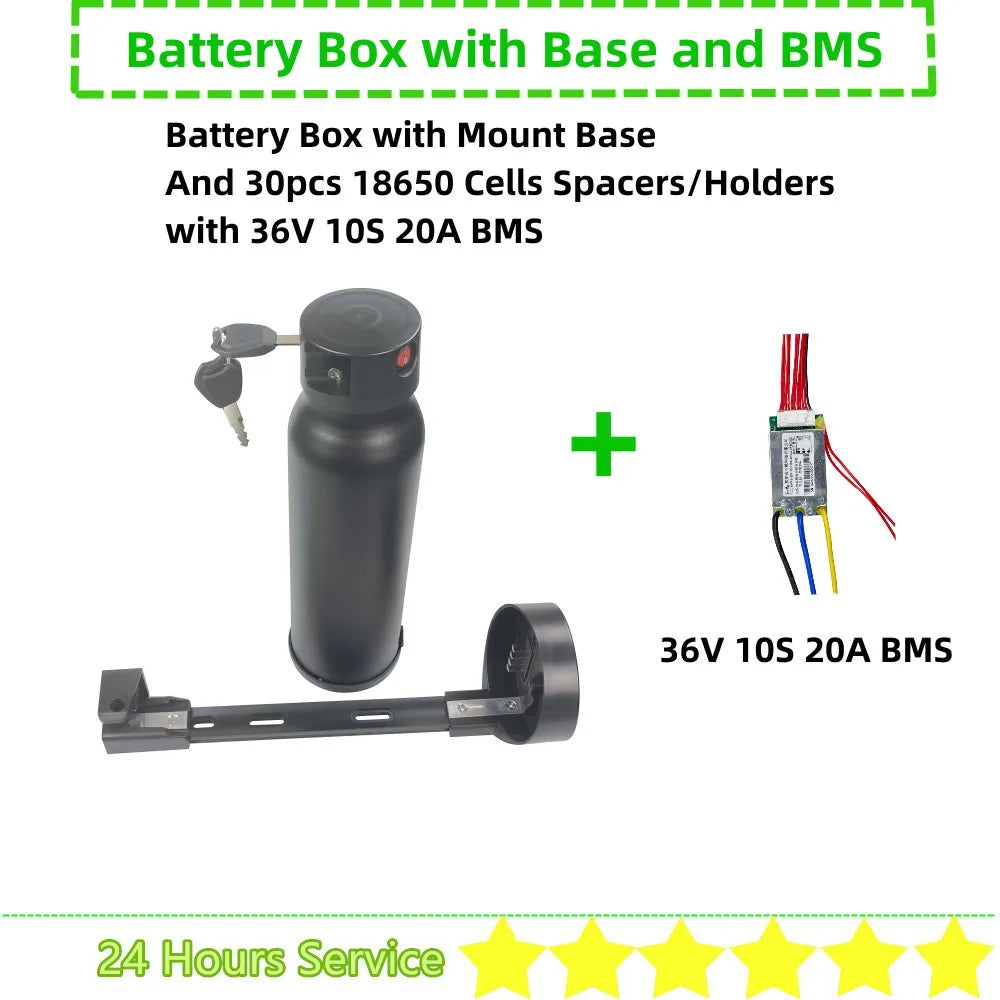 36Volt Water Bottle Dolphin Ebike Battery Box 30 pcs 18650 cells 24V 36V 48VBottle Electric Bike Battery Case with Cells Holder