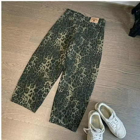 Tan Leopard Jeans Men Denim Pants Male Oversize Wide Leg Trousers Streetwear Hip Hop Vintage Clothes Loose Casual