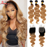 Ombre Body Wave Bundles With Closure Brazilian Human Hair Weave Bundles With Closure T4/30 Colored Bundles With Lace Closure