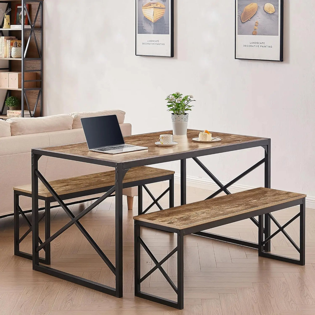 Kitchen Table with 2 Benches for 4-6,Wood Dining Room Dinette Sets with Metal Frame for Breakfast Nook and Small Space