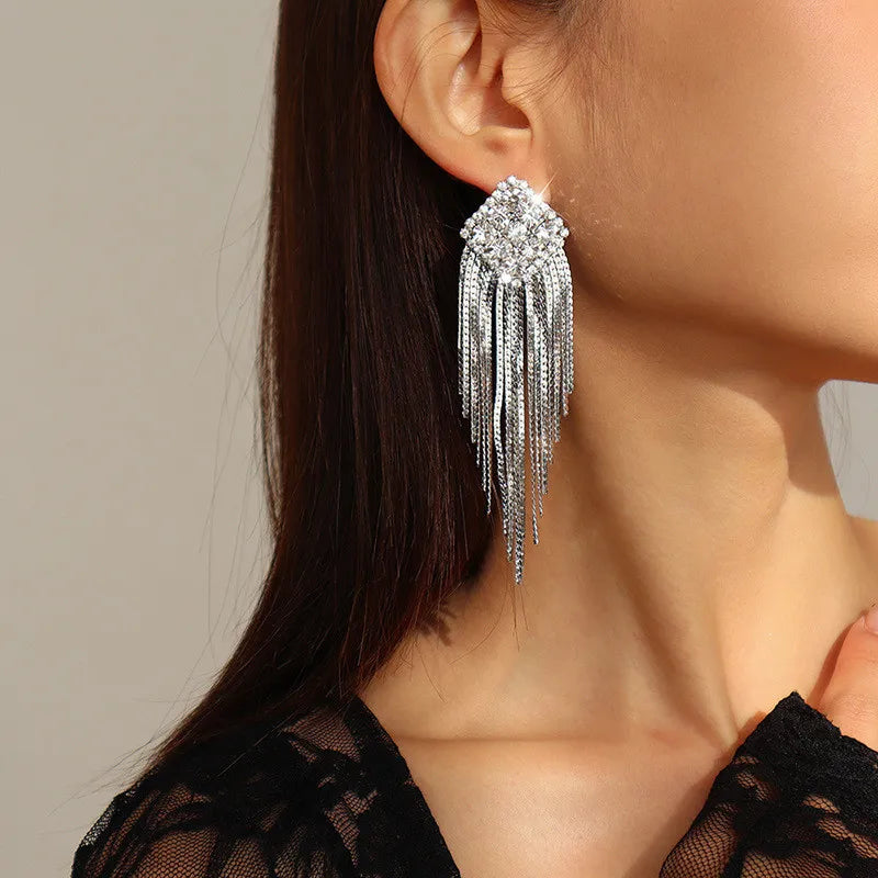 Fashion Statement Earring Long Full Rhinestone Big Earrings For Women Euorpe Evening Party Crystal Tassel Earings Wholesale