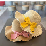 2pcs Set Summer Straw Hat With Bag For Girls Casual Bowknot Sunhat Children Protection Visor Caps Outdoor Beach Bucket Hat