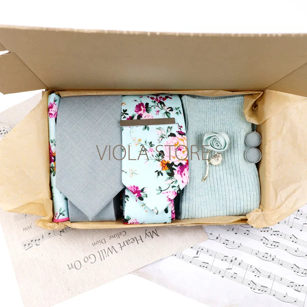 Viola Design 7 PCS Gift Box Cotton Sock Tie Sets Clip Pin Cufflinks Hanky Solid Floral Men Wedding Party Daily Cravat Accessory