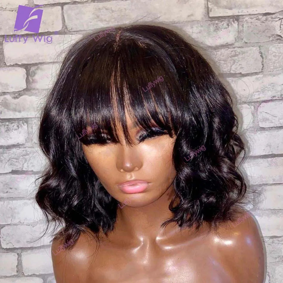 Short Human Hair Bob Wigs With Bangs Brazilian Remy O Scalp Top Bang Wig Natural Wave 180 Density Wig For Black Women LUFFY