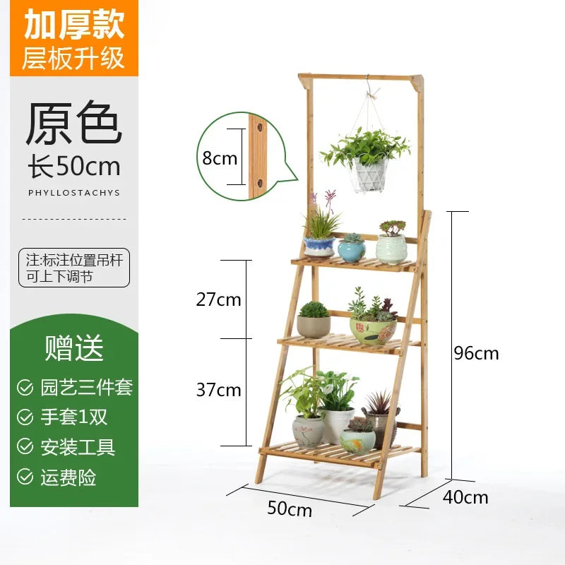 Plant Stand Storage Shelf 3-Tier Hanging Stand for Flowers Folding Organizer Display Storage Rack Adjustable Hanger Rod Bamboo