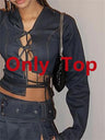 Tawnie Skirt Sets Denim Suit Sexy Crop Top And Mini Skirt Hollow Out Tie Up Split Long Sleeve 2023 Autumn Women Streetwear Club