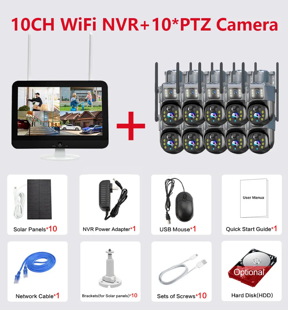 10CH 8MP Wifi Dual Lens PTZ Solar Camera Video Surveillance 12.5" LCD Monitor WIFI NVR Outdoor Auto Tracking Security Cam System