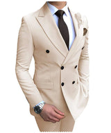 2024 New Beige Men's Suit 2 Pieces Double Breasted Notch Lapel Flat Slim Fit Casual Tuxedos For Wedding(Blazer+Pants)