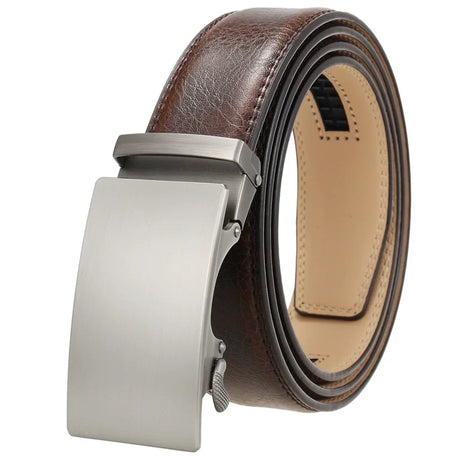 Plyesxale Brown Leather Belt Men 2024 Automatic Buckle Mens Belt For Jeans Vintage Style Mens Belts Luxury Ceinture Homme B9