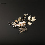 Pearl Flower Hairpin Side Comb Golden Leaf Shaped Alloy Tiaras Wedding Bride Insert Hair Clips Hair Jewelry Bride Headwear